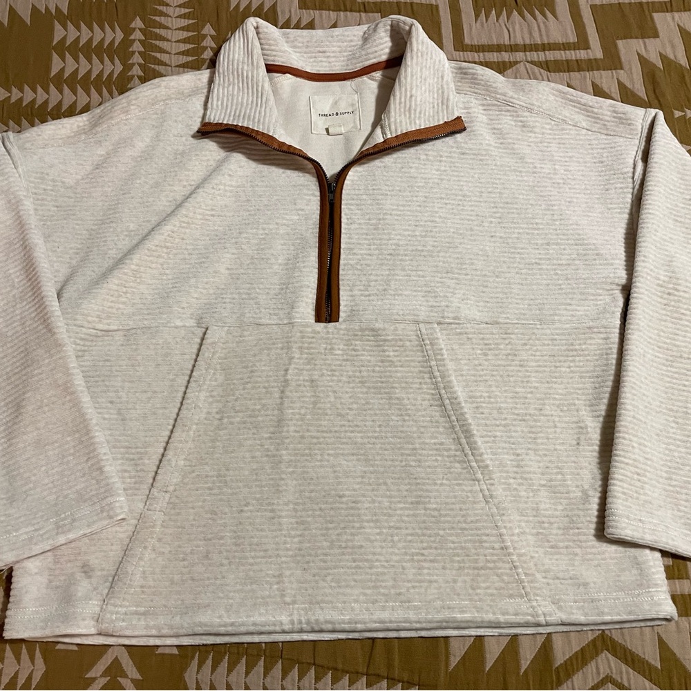Thread & Supply Cream and Brown Quarter Zip with Pocket